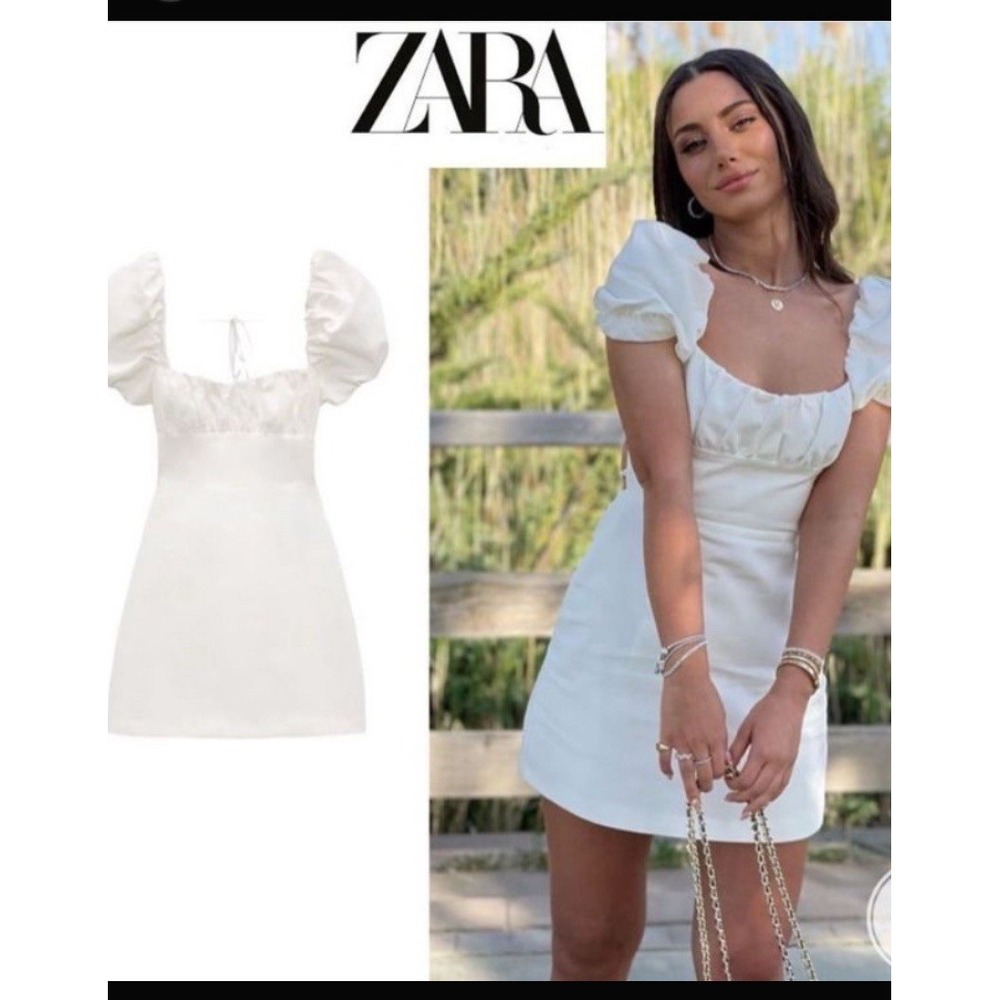 Zara Linen blend short dress puff Sleeve lace up white Size S Linen, Viscose